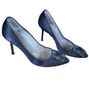 Manolo Blahnik Hangisi Black Satin Crystal Jewel Pumps Heels Size 38.5